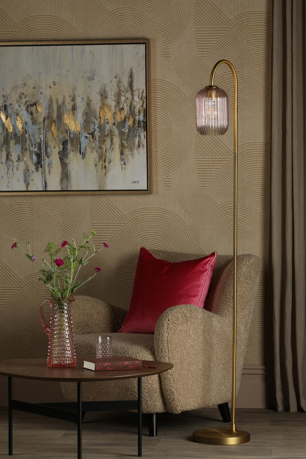 IDR4963-SAW6503 Idra Floor Lamp Aged Bronze and Pink Ribbed Glass