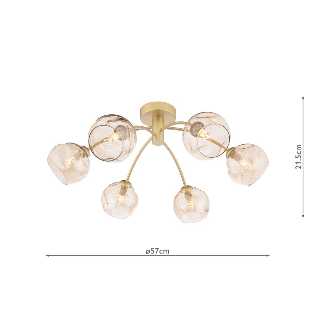 IZZ0635-16 Izzy 6 Light Semi-Flush Matt Gold With Organic Amber Glass