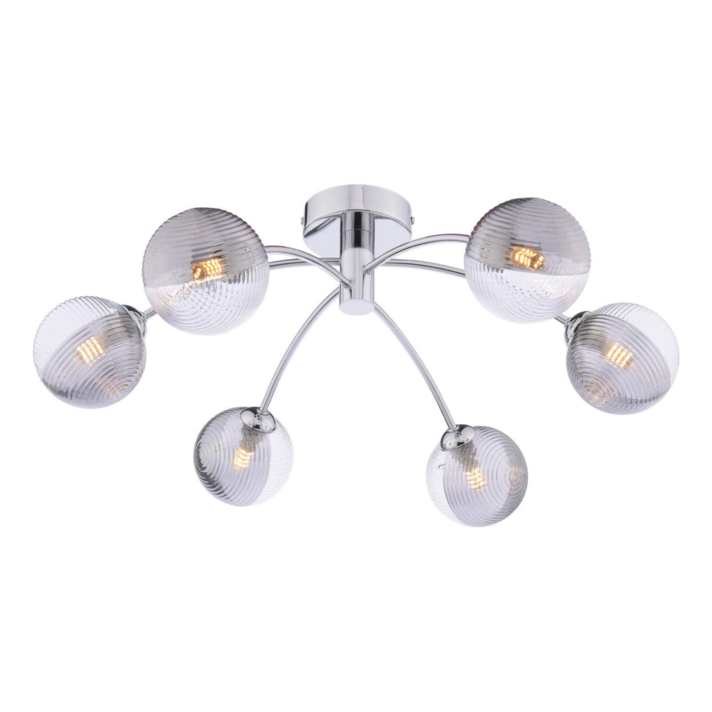 IZZ0650-18 Izzy 6 Light Semi Flush Polished Chrome With Smoked/Clear Ribbed Glass