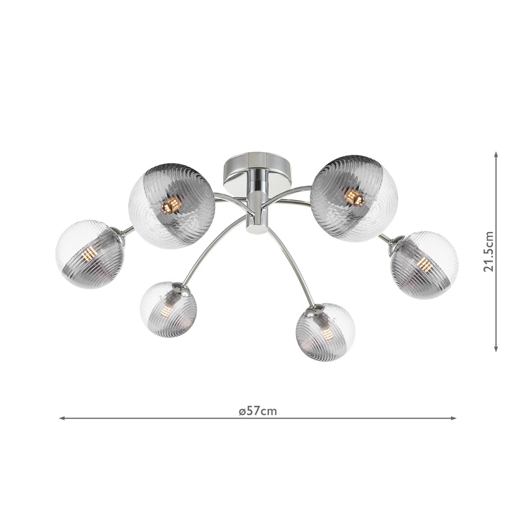 IZZ0650-18 Izzy 6 Light Semi Flush Polished Chrome With Smoked/Clear Ribbed Glass