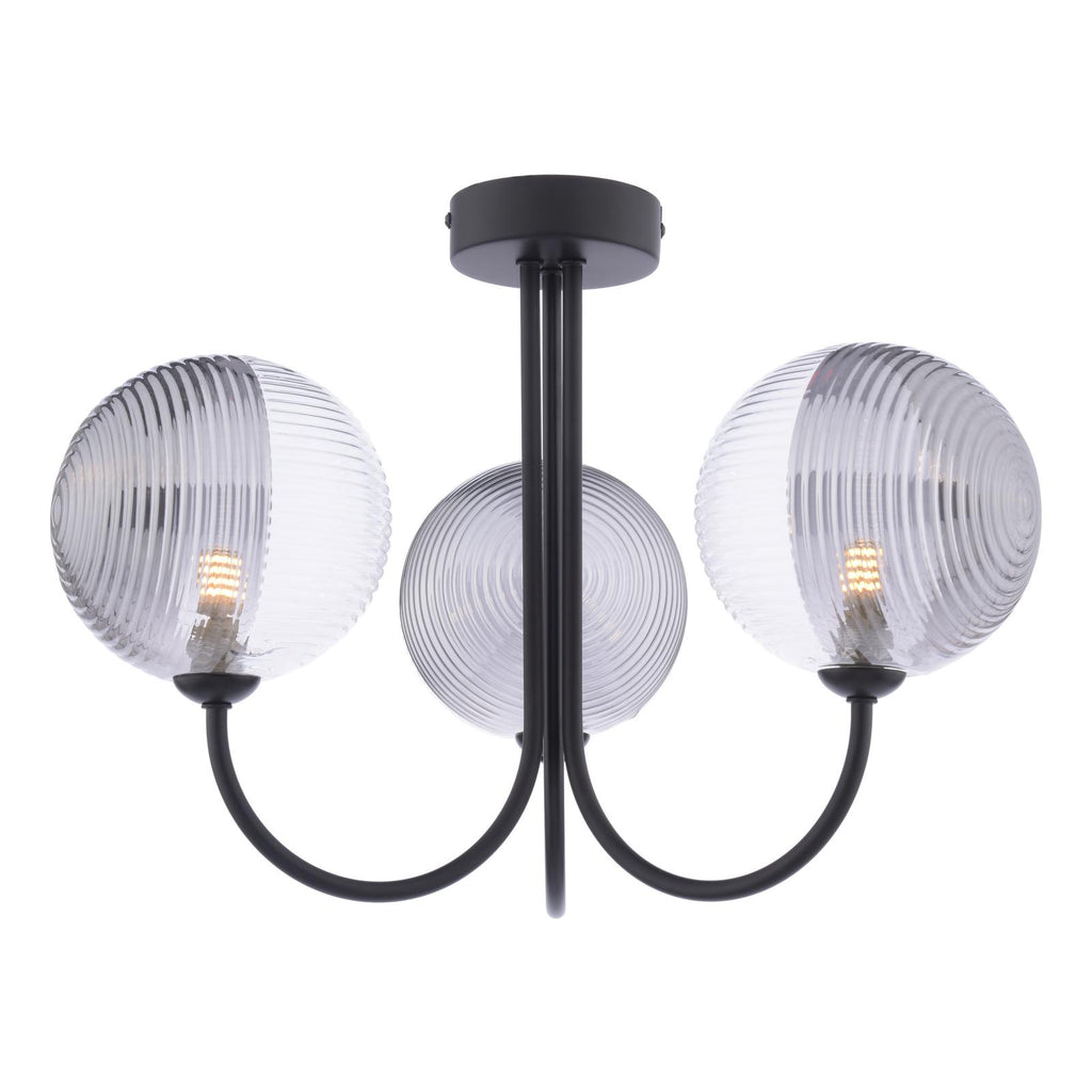 JAR0322-19 Jared 3 Light Semi Flush Matt Black With Smoked/Clear Ribbed Glass