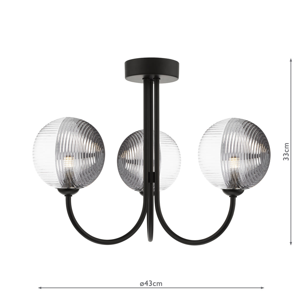 JAR0322-19 Jared 3 Light Semi Flush Matt Black With Smoked/Clear Ribbed Glass