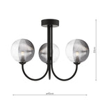 JAR0322-19 Jared 3 Light Semi Flush Matt Black With Smoked/Clear Ribbed Glass