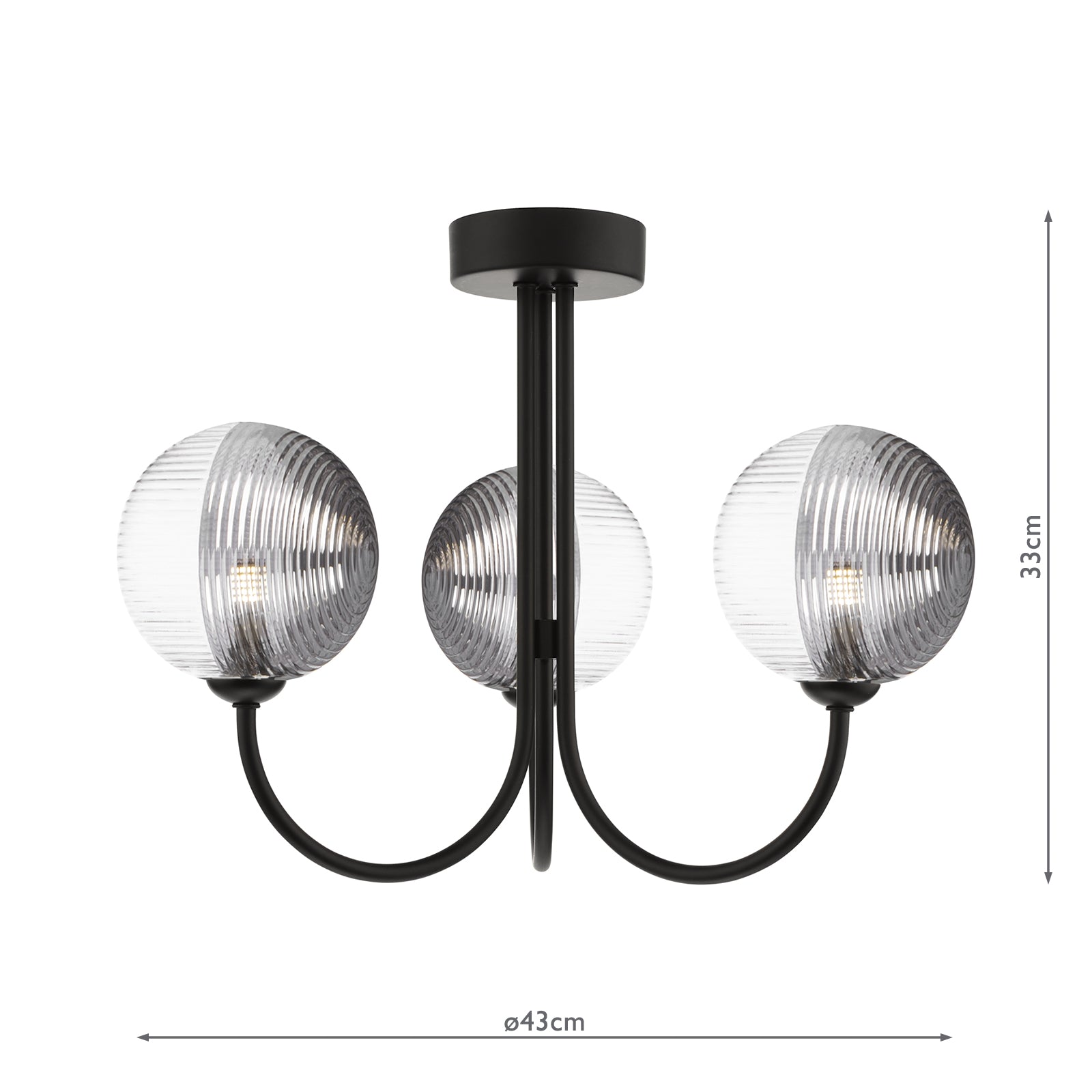 JAR0322-19 Jared 3 Light Semi Flush Matt Black With Smoked/Clear Ribbed Glass