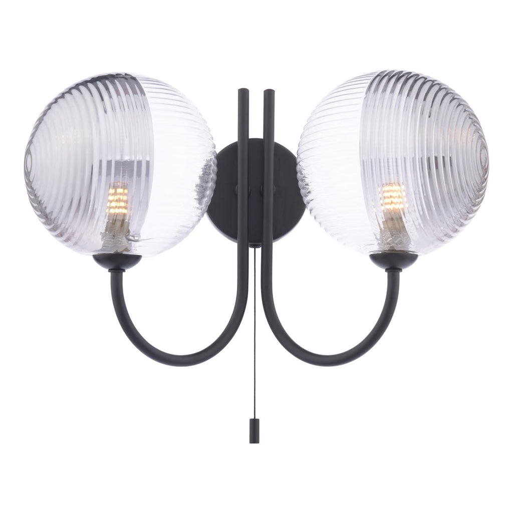 JAR0922-19 Jared 2 Light Wall Light Matt Black With Smoked/Clear Ribbed Glass