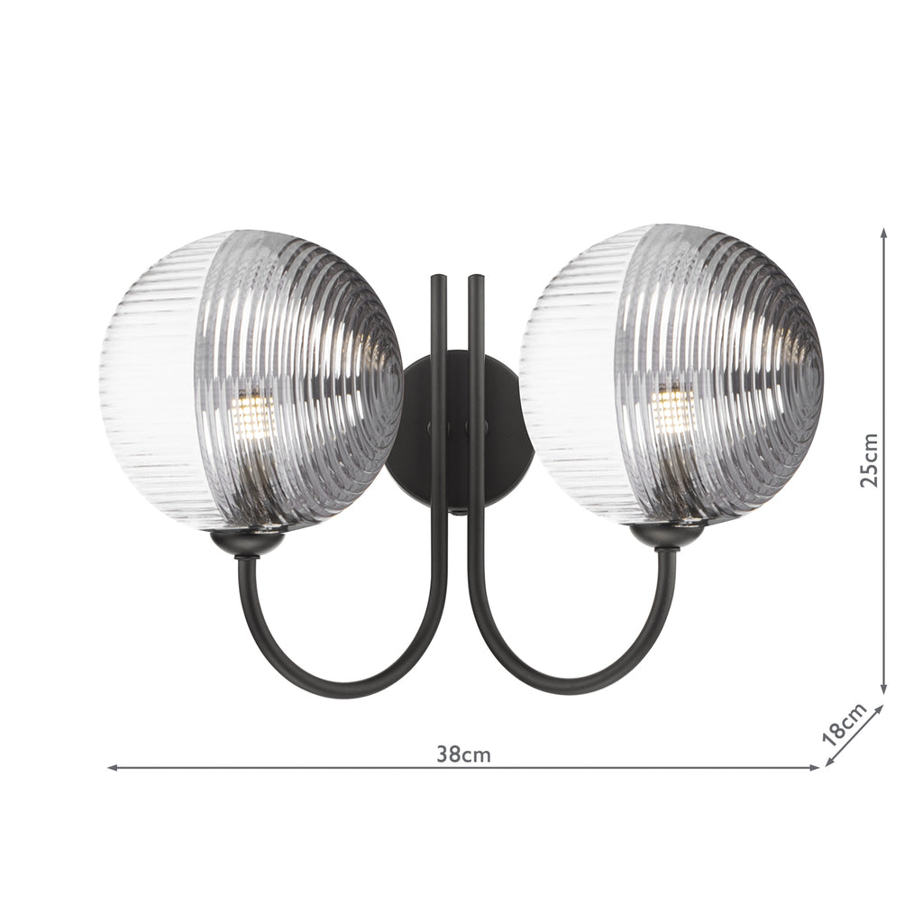 JAR0922-19 Jared 2 Light Wall Light Matt Black With Smoked/Clear Ribbed Glass