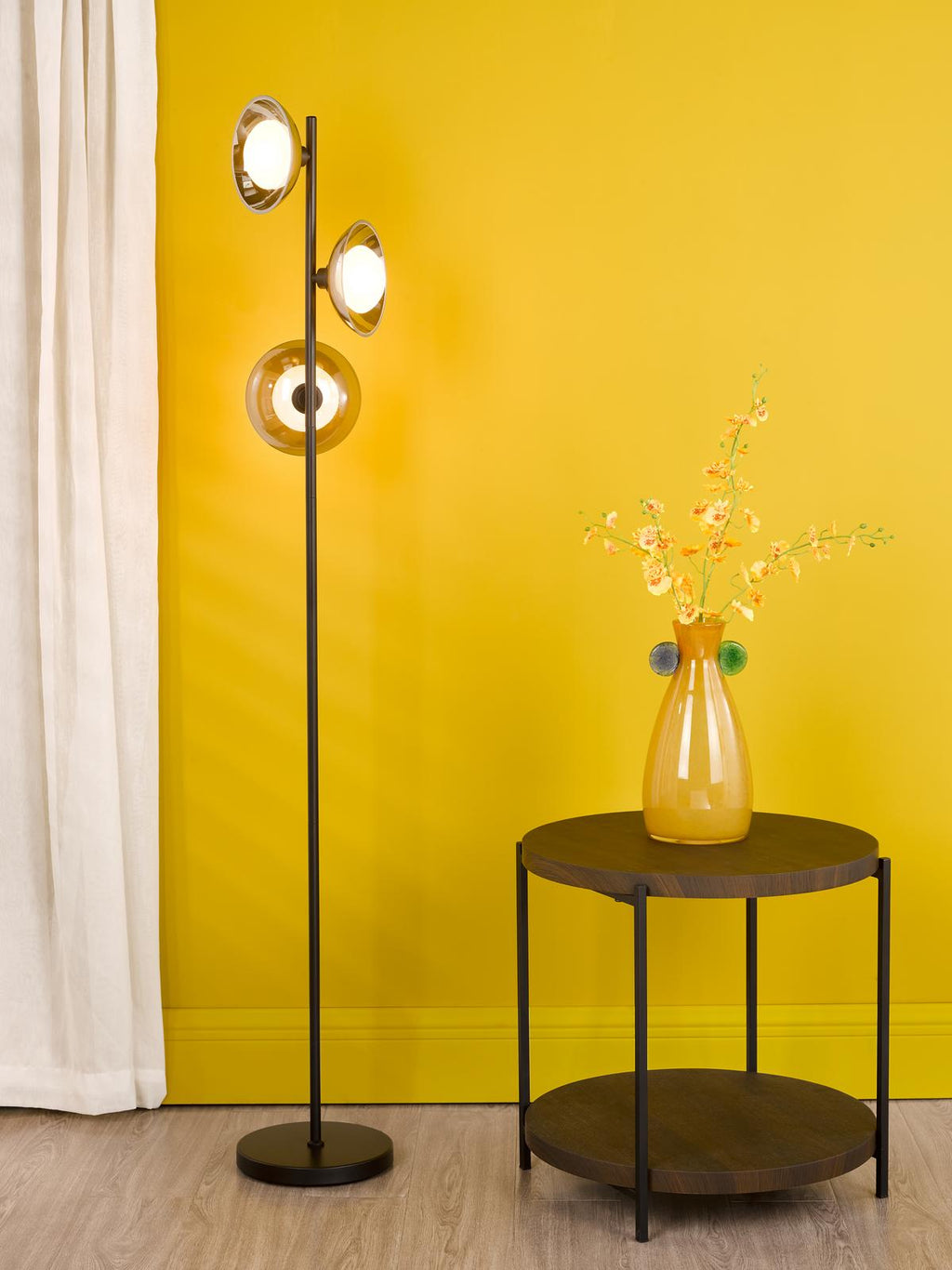 KAD4922 Kadience 3 Light Floor Lamp Satin Black and Smoked Glass