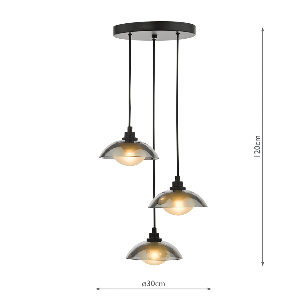 KAD8822 Kadience 3 Light Cluster Pendant Satin Black and Smoked Glass