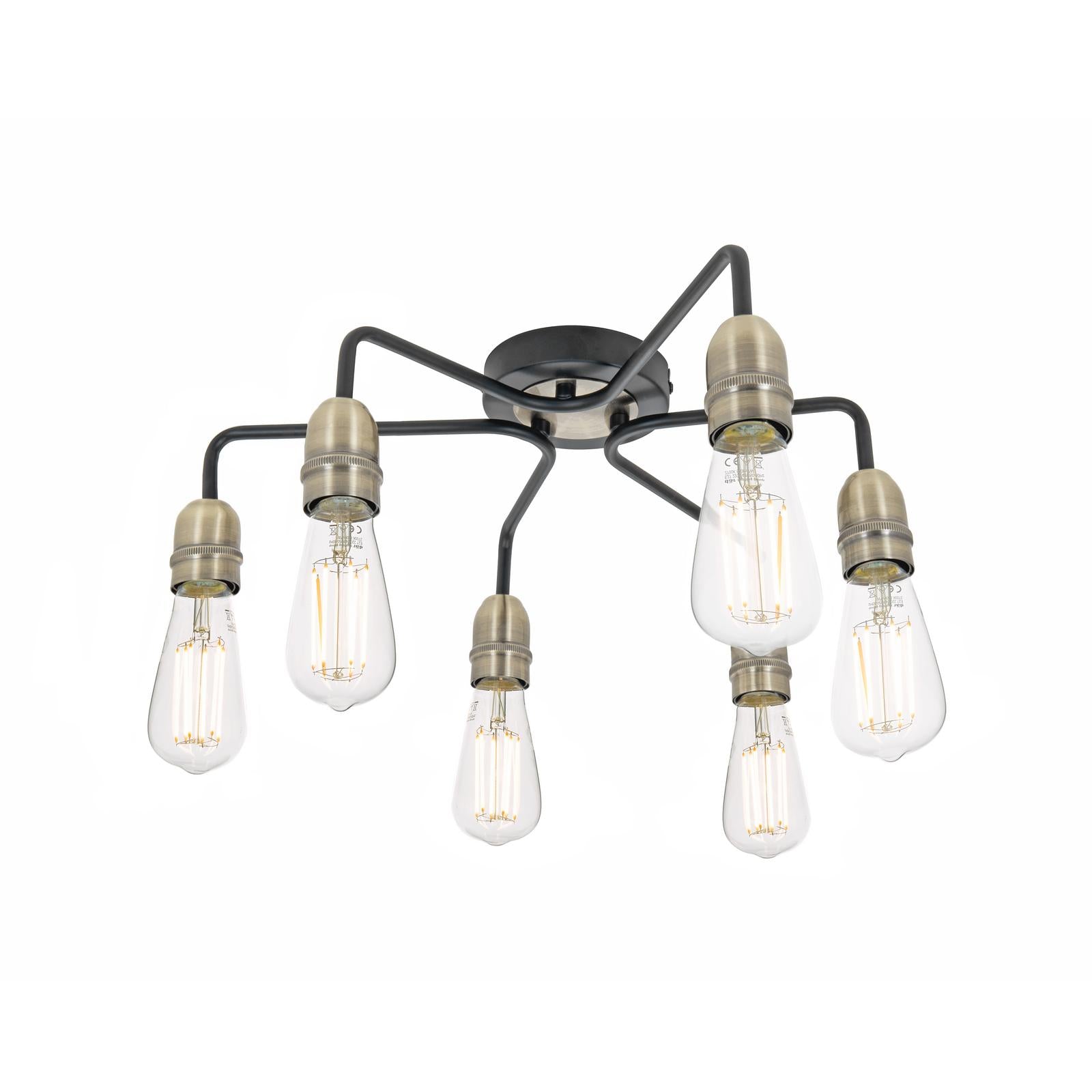 KIE0622 Kiefer 6 Light Flush Matt Black and Antique Brass
