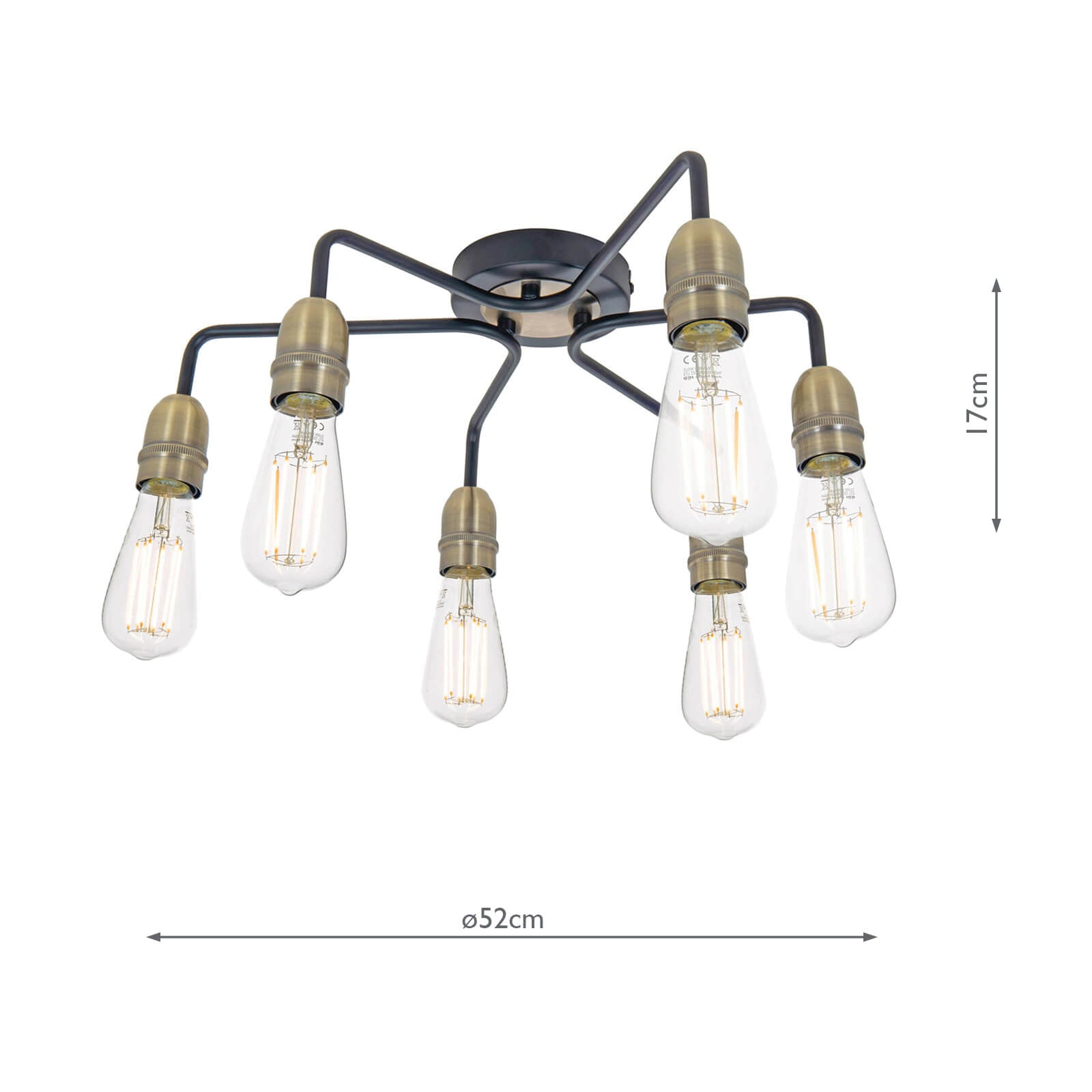 KIE0622 Kiefer 6 Light Flush Matt Black and Antique Brass
