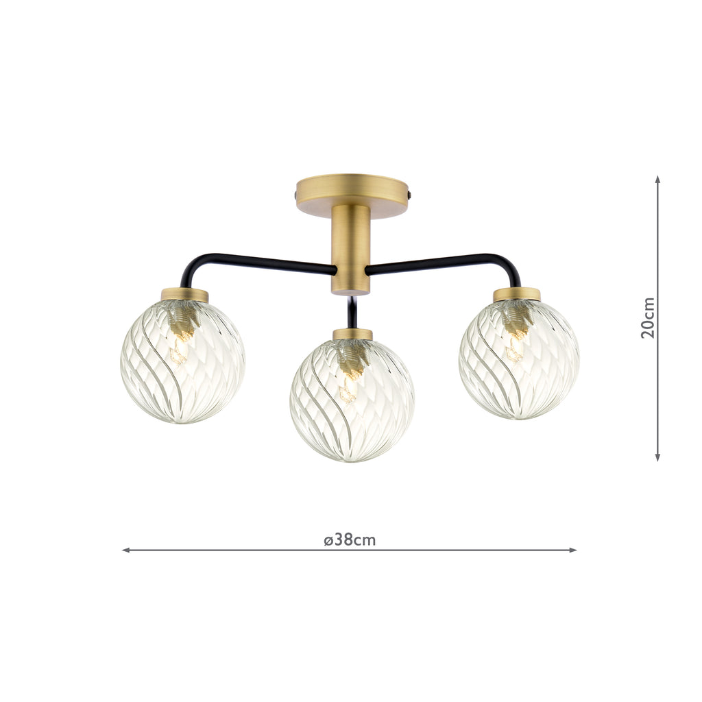 LAI5354-03 Lainey 3 Light Semi-Flush Matt Black and Antique Brass With Twisted Glass