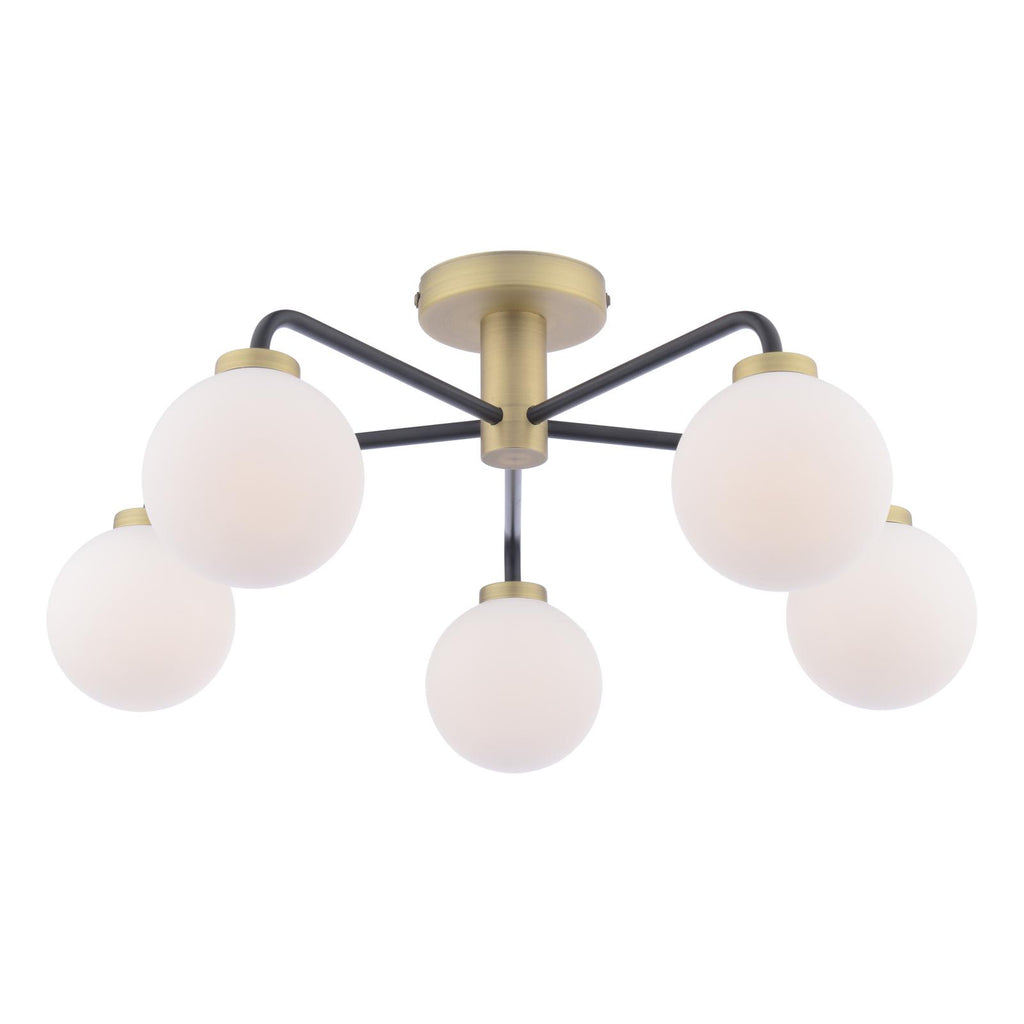 LAI5454-02 Lainey 5 Light Semi-Flush Matt Black and Antique Brass With Opal Glass