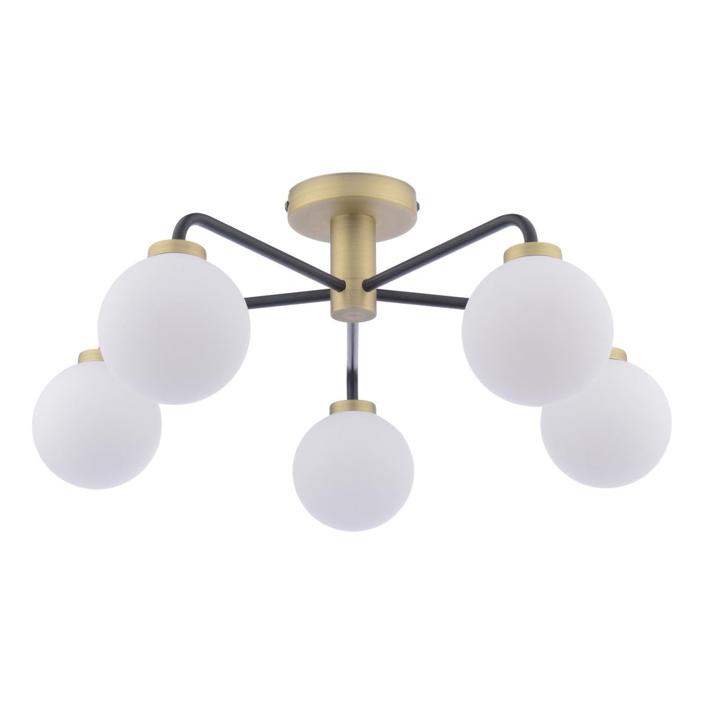 LAI5454-02 Lainey 5 Light Semi-Flush Matt Black and Antique Brass With Opal Glass