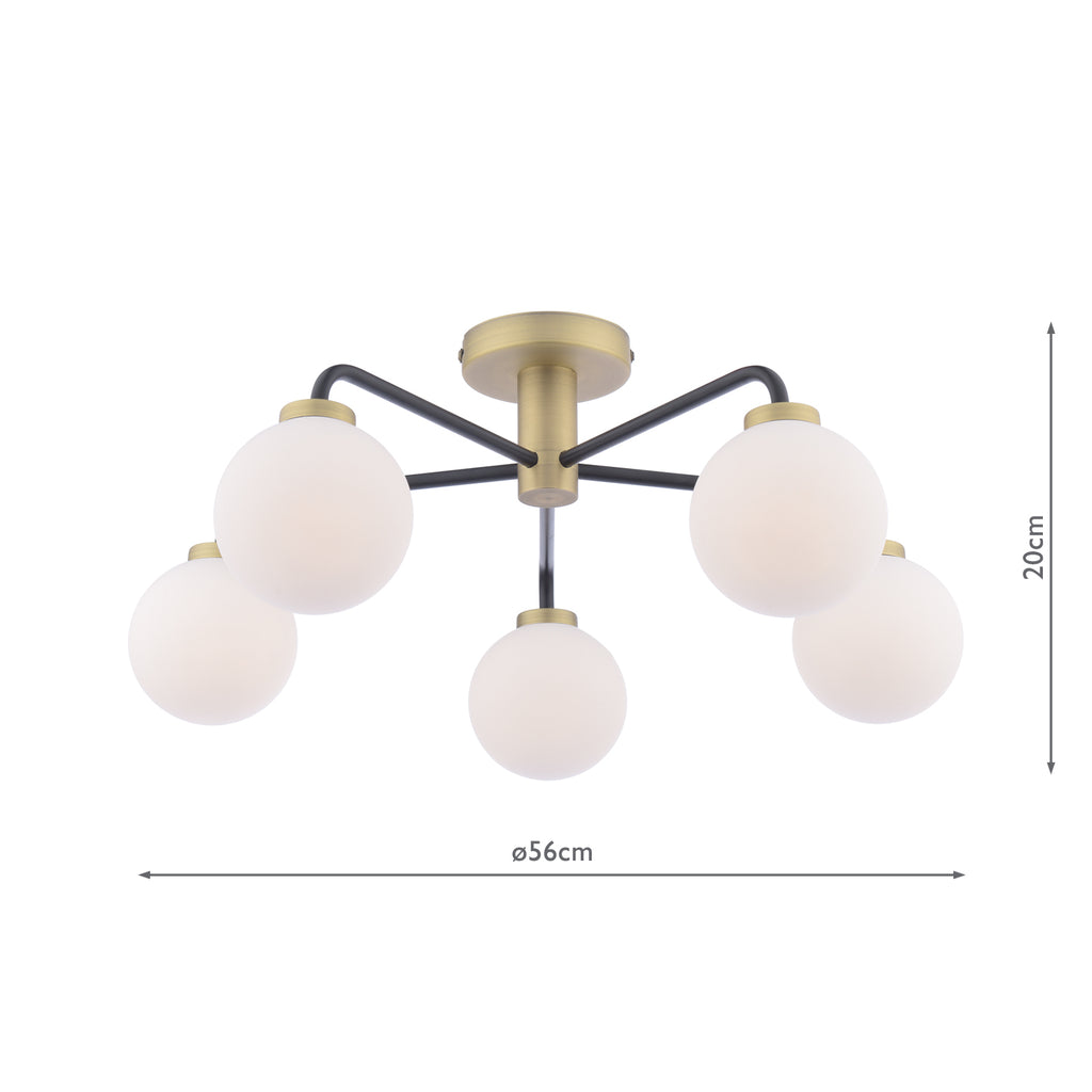 LAI5454-02 Lainey 5 Light Semi-Flush Matt Black and Antique Brass With Opal Glass