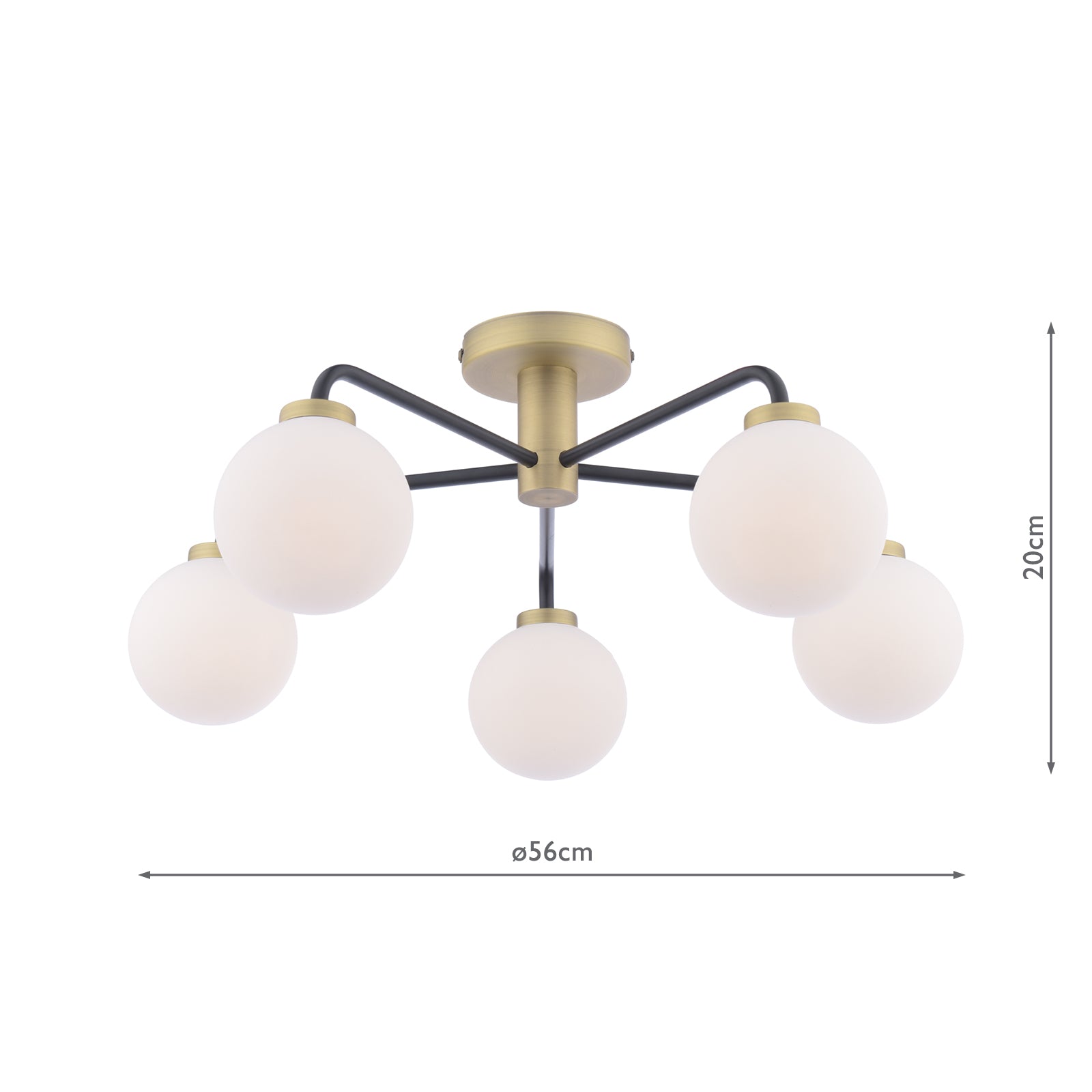 LAI5454-02 Lainey 5 Light Semi-Flush Matt Black and Antique Brass With Opal Glass