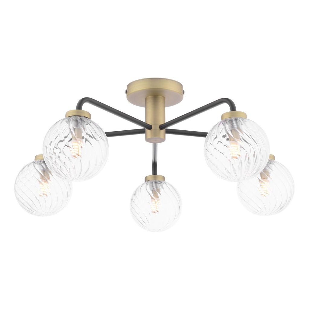 LAI5454-03 Lainey 5 Light Semi-Flush Matt Black and Antique Brass With Twisted Glass