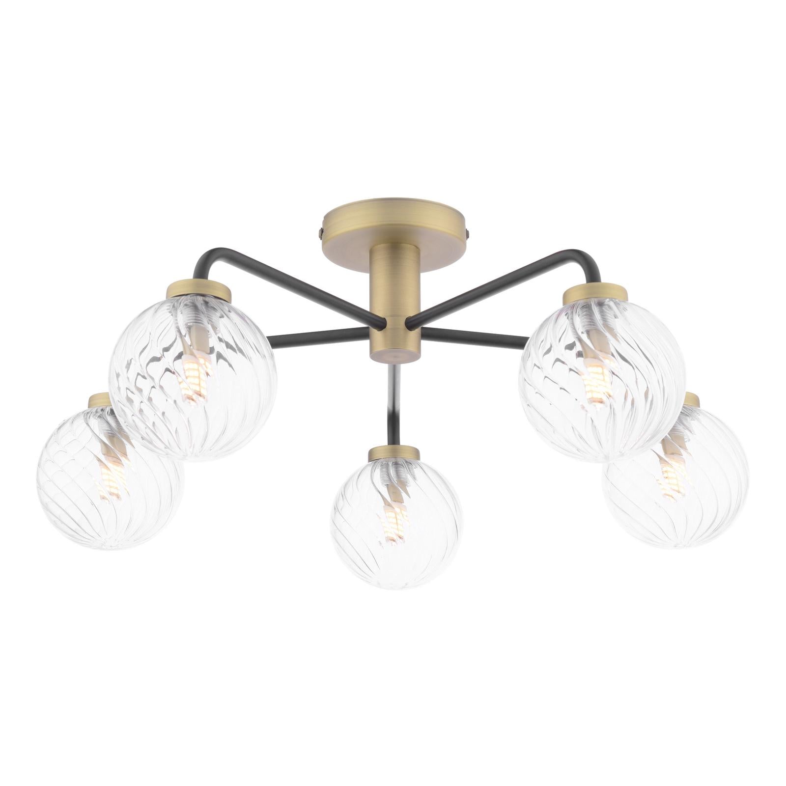 LAI5454-03 Lainey 5 Light Semi-Flush Matt Black and Antique Brass With Twisted Glass