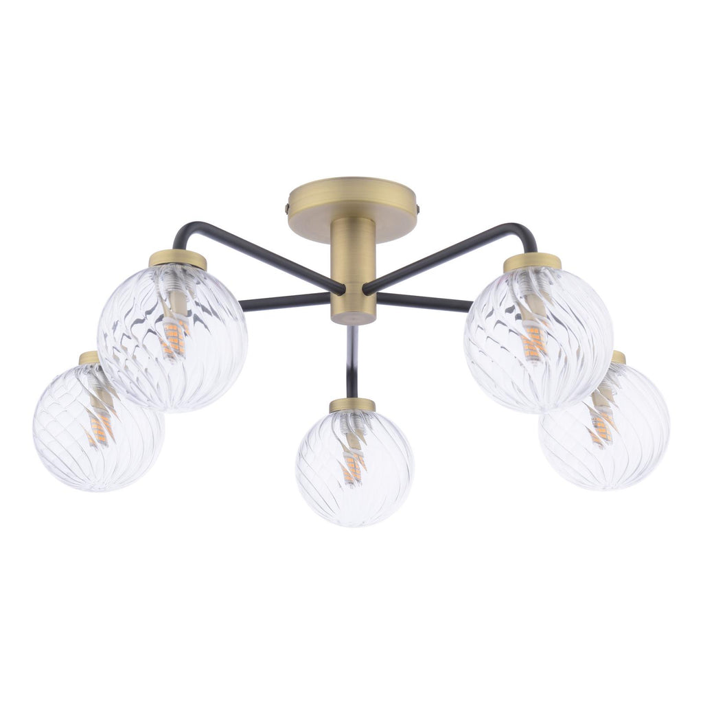 LAI5454-03 Lainey 5 Light Semi-Flush Matt Black and Antique Brass With Twisted Glass
