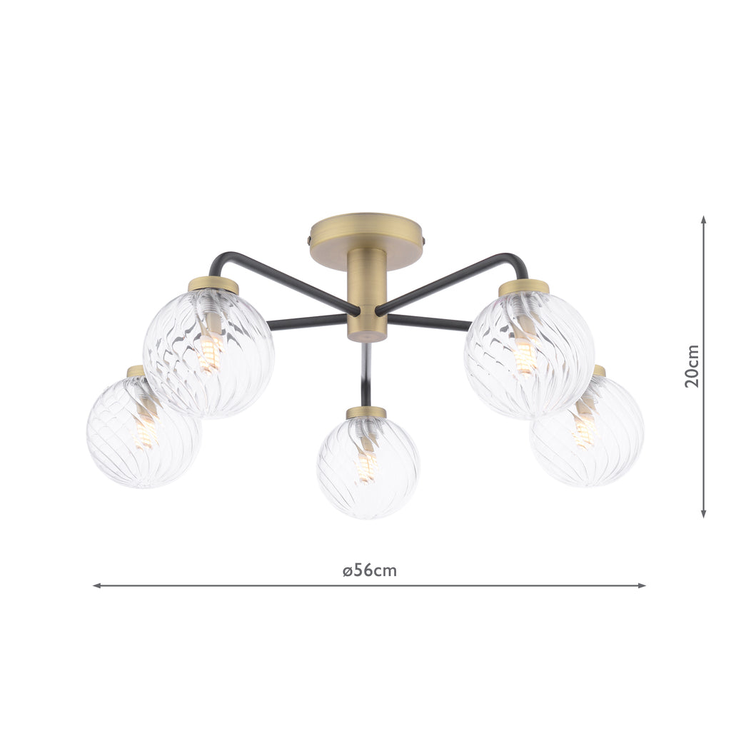 LAI5454-03 Lainey 5 Light Semi-Flush Matt Black and Antique Brass With Twisted Glass