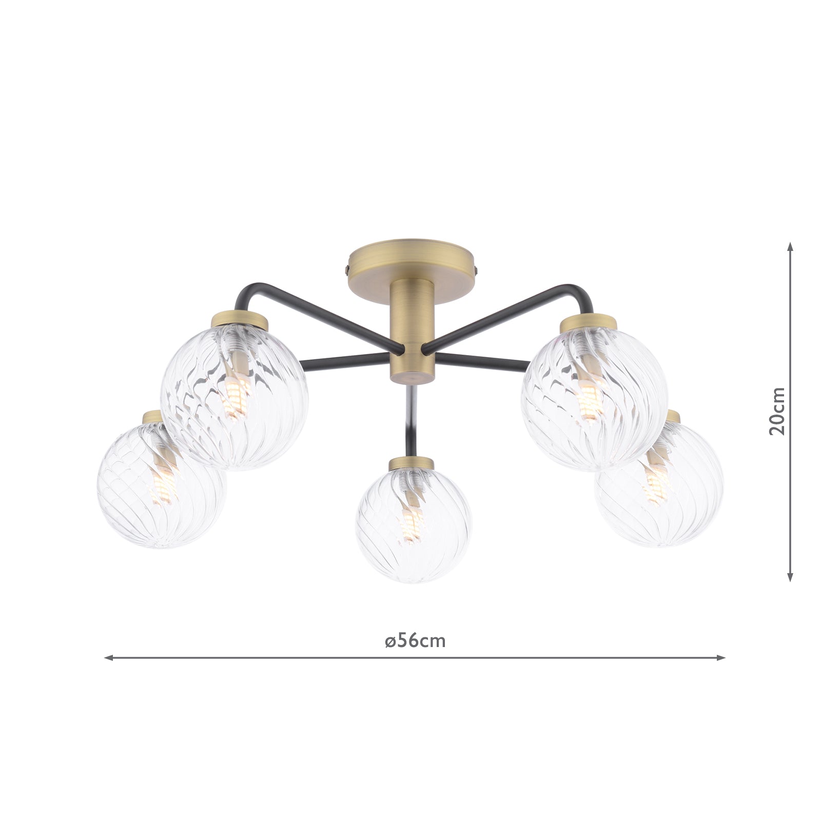 LAI5454-03 Lainey 5 Light Semi-Flush Matt Black and Antique Brass With Twisted Glass