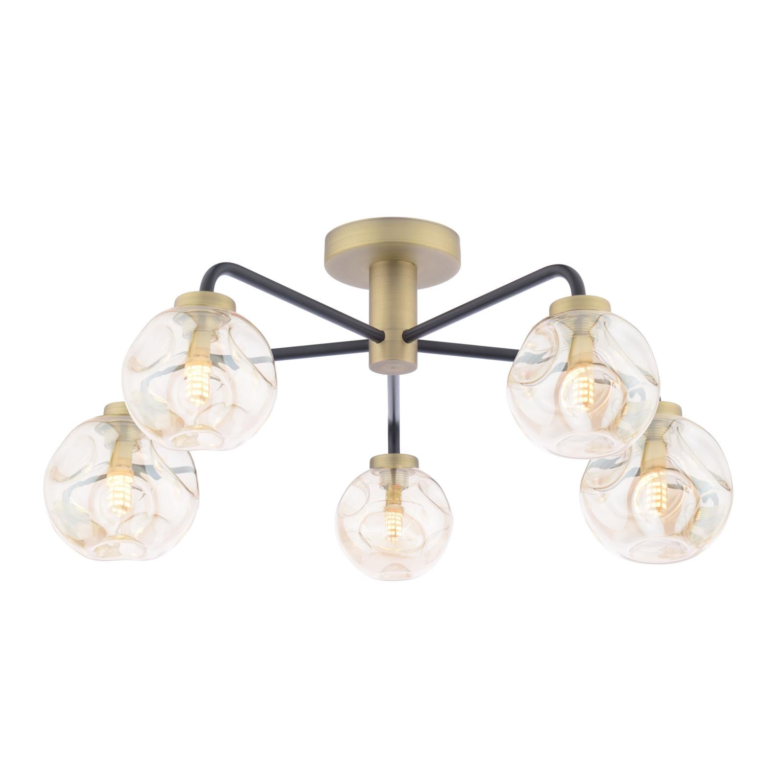 LAI5454-27 Lainey 5 Light Semi-Flush Matt Black and Antique Brass With Closed Organic Amber  Glass
