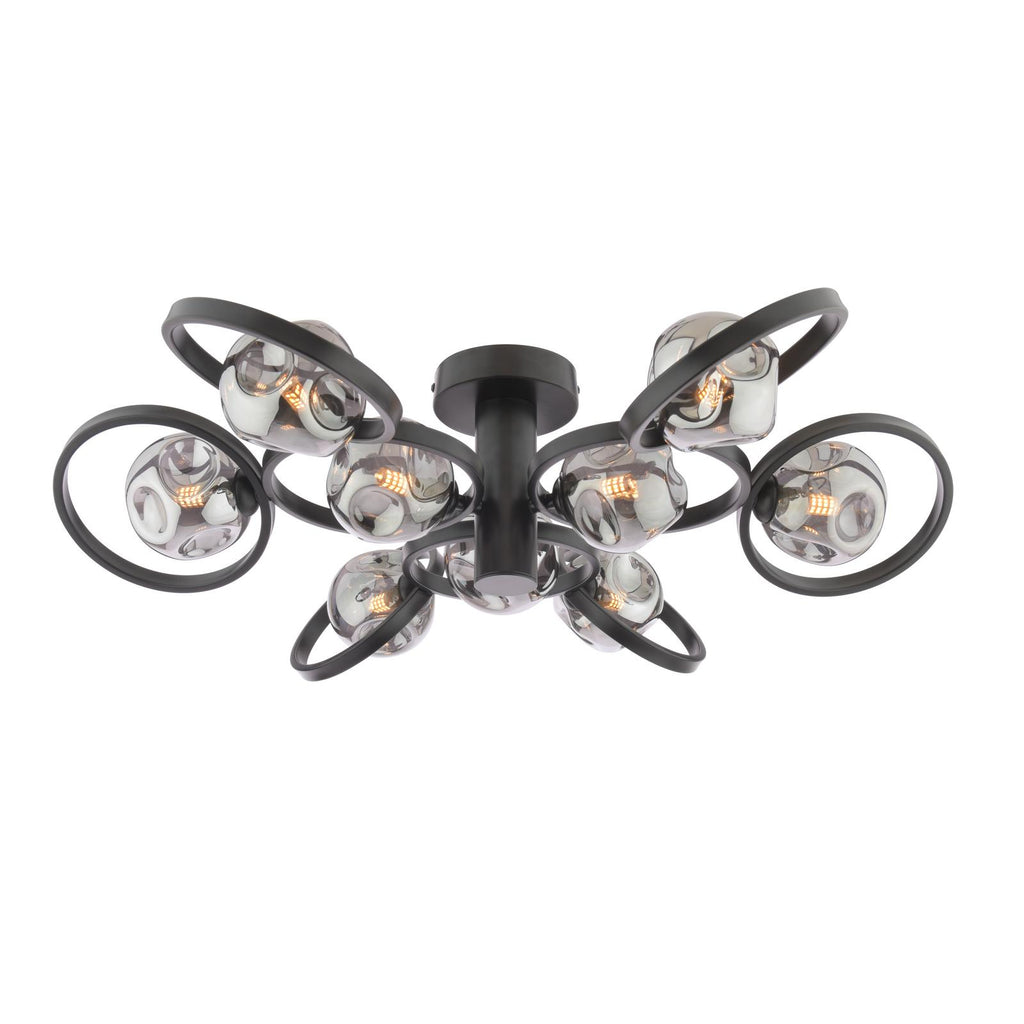 LYN4822-28 Lynette 9 Light Semi-Flush Satin Black With Closed Organic Smoked Glass