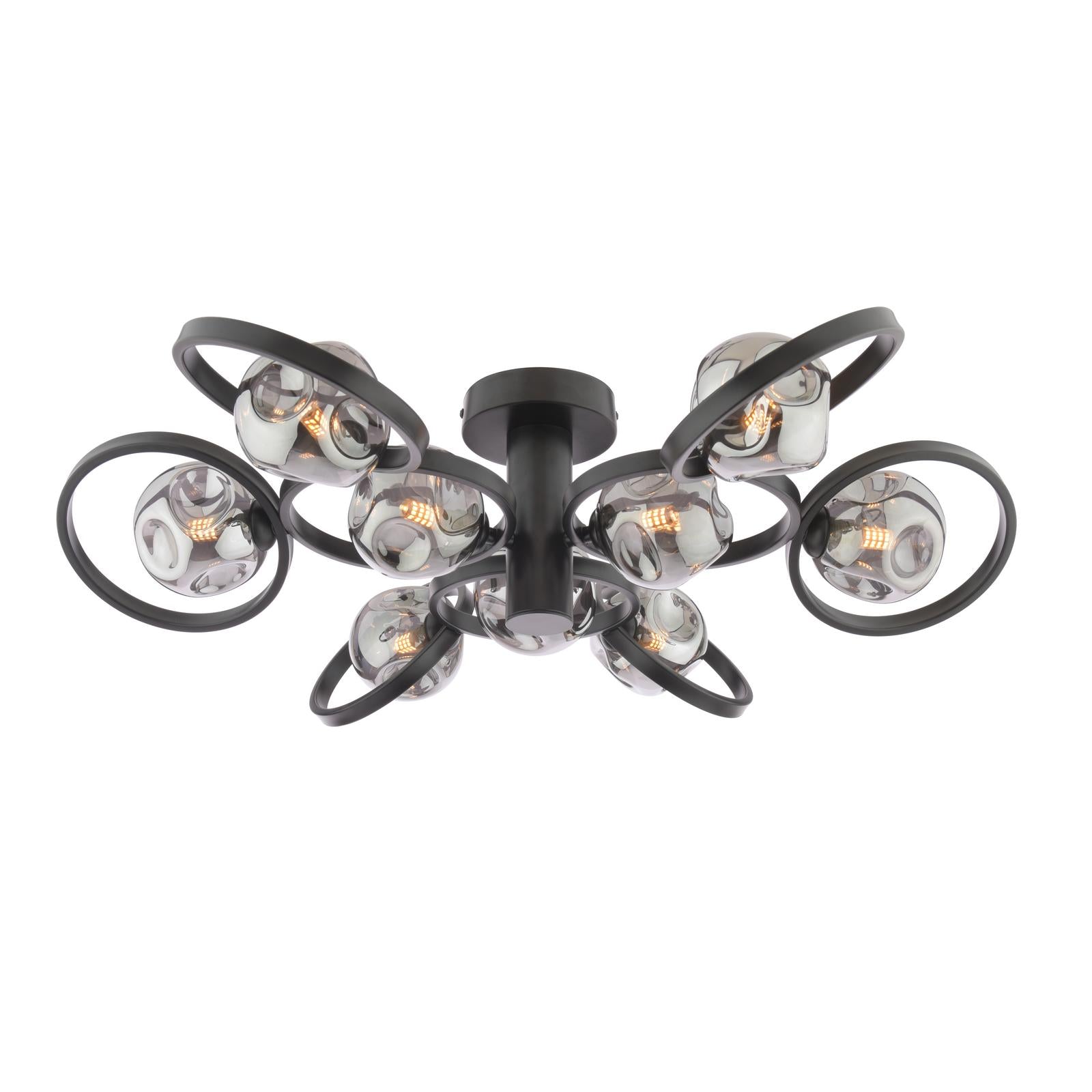 LYN4822-28 Lynette 9 Light Semi-Flush Satin Black With Closed Organic Smoked Glass