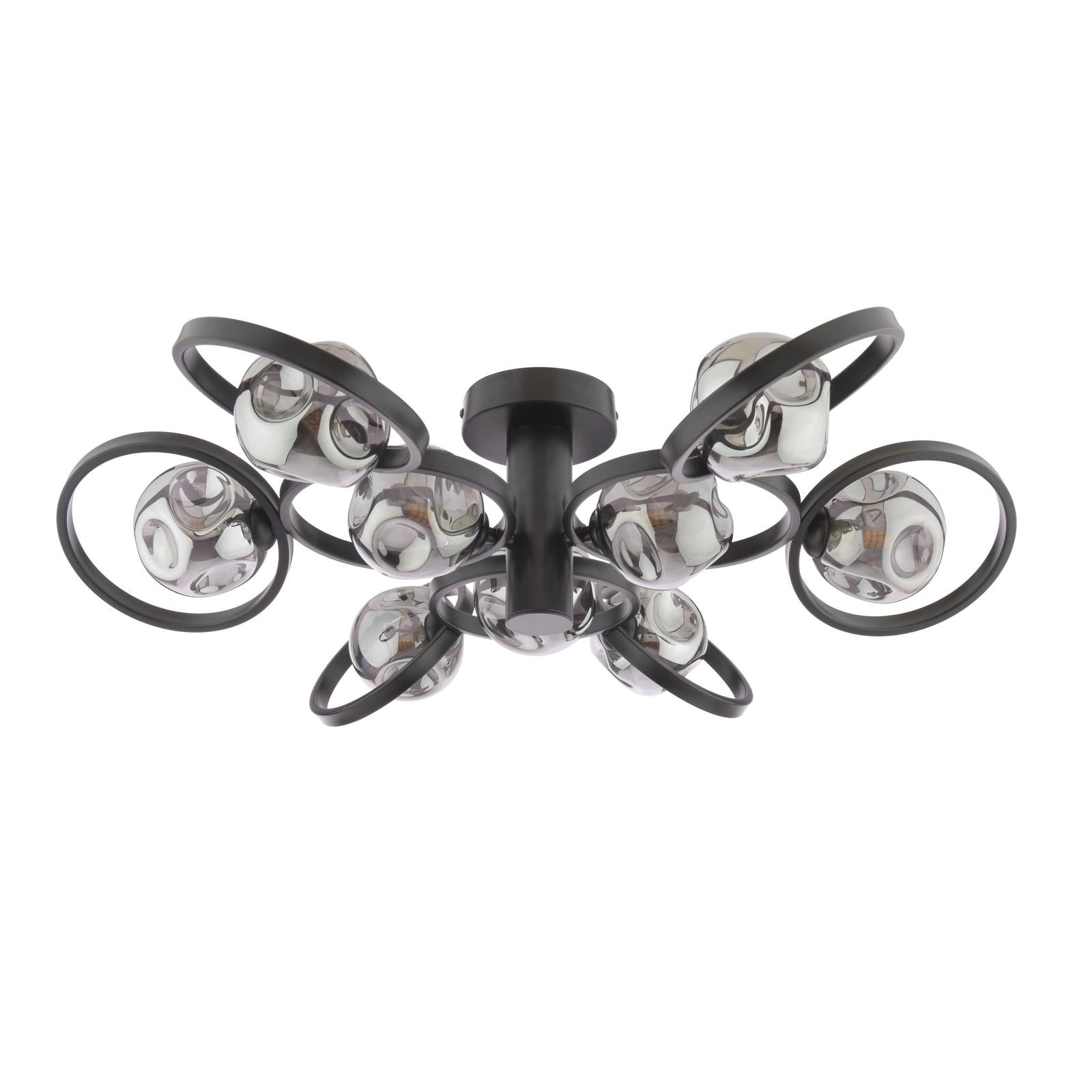LYN4822-28 Lynette 9 Light Semi-Flush Satin Black With Closed Organic Smoked Glass