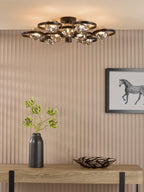 LYN4822-28 Lynette 9 Light Semi-Flush Satin Black With Closed Organic Smoked Glass