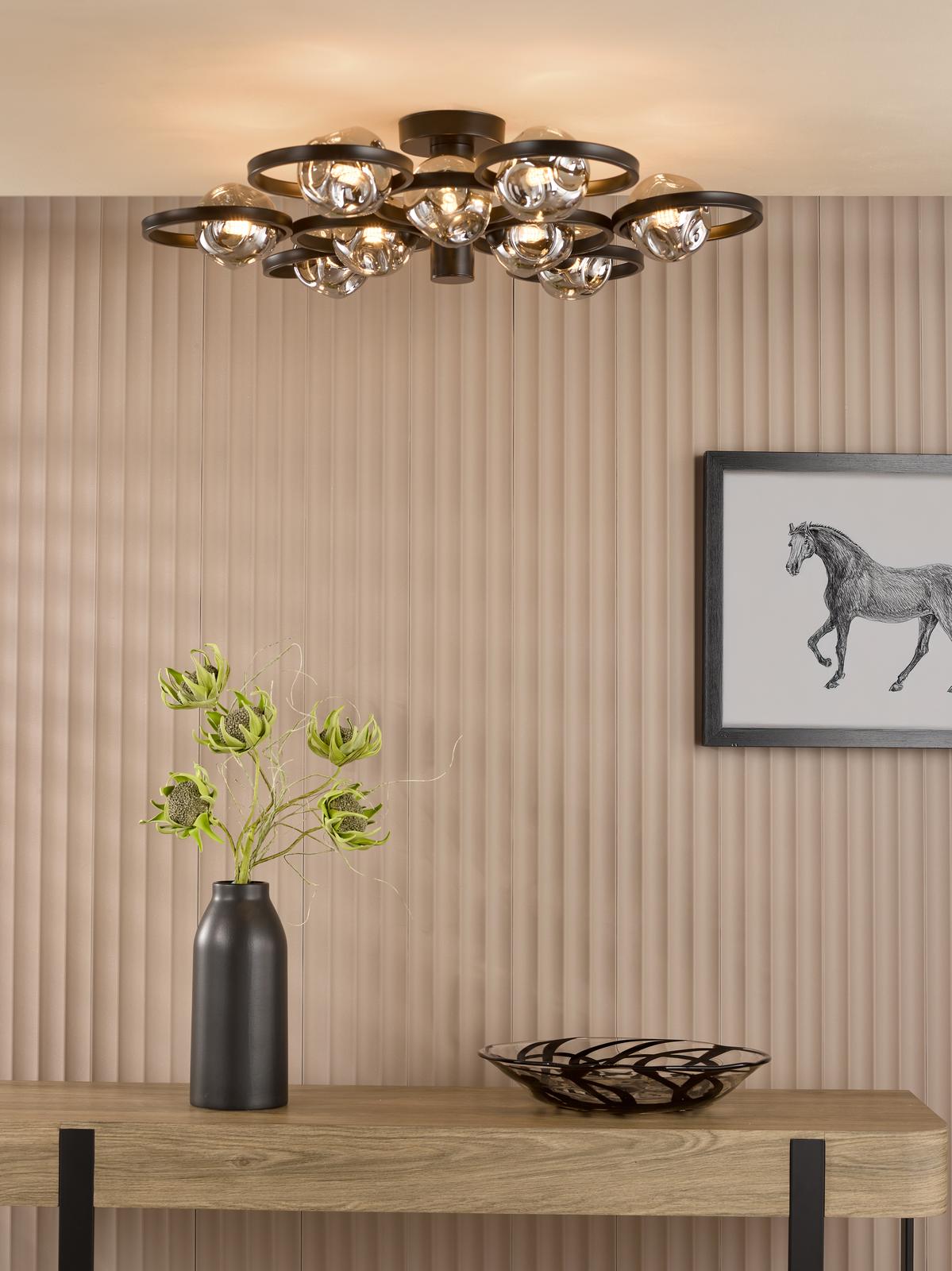 LYN4822-28 Lynette 9 Light Semi-Flush Satin Black With Closed Organic Smoked Glass