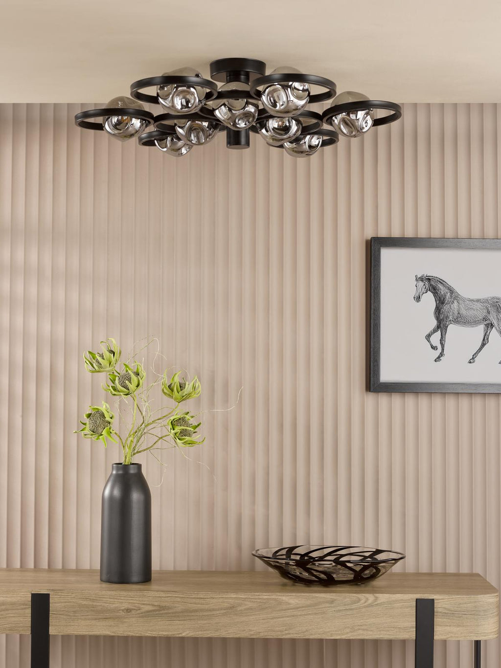LYN4822-28 Lynette 9 Light Semi-Flush Satin Black With Closed Organic Smoked Glass