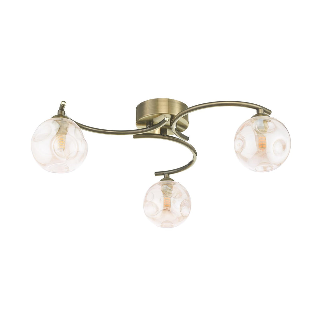 NAK5375-27 Nakita 3 Light Semi Flush Antique Brass With Closed Organic Amber  Glass