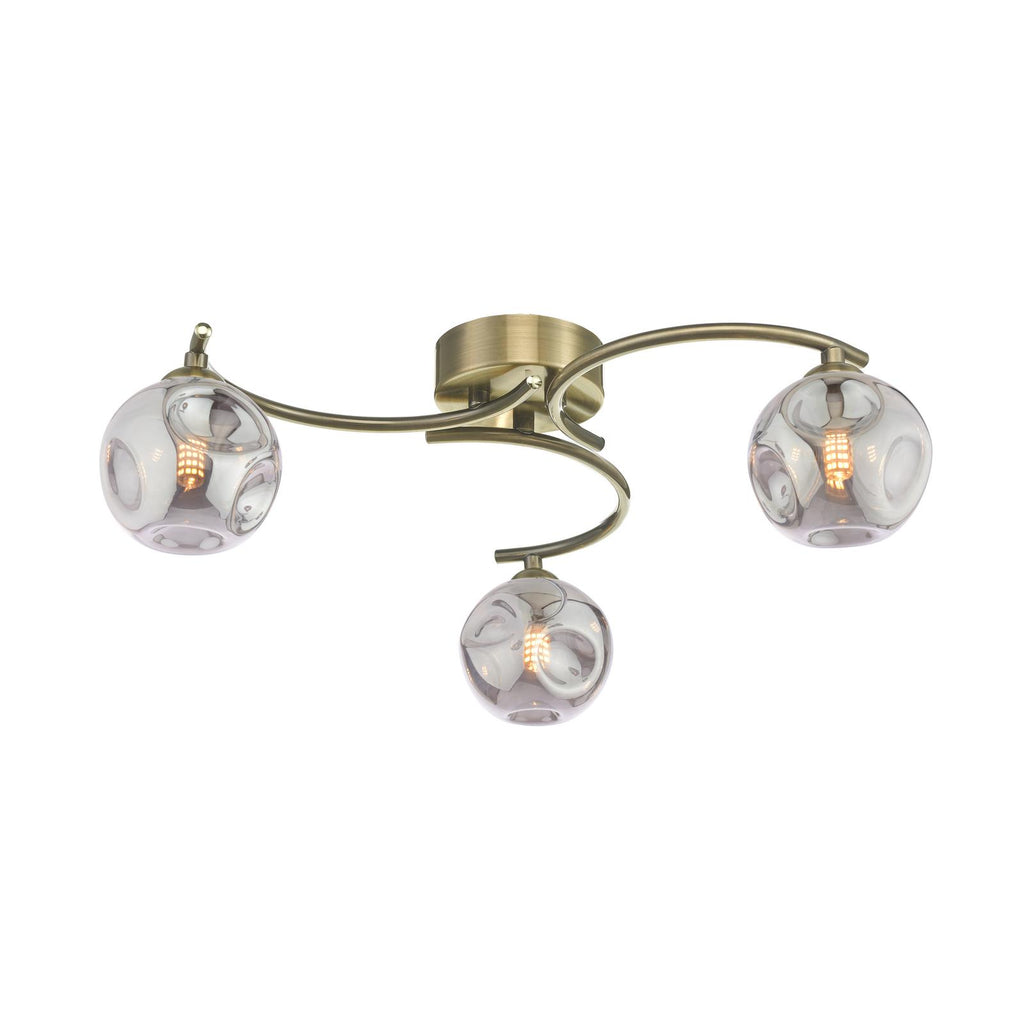 NAK5375-28 Nakita 3 Light Semi Flush Antique Brass With Closed Organic Smoked Glass