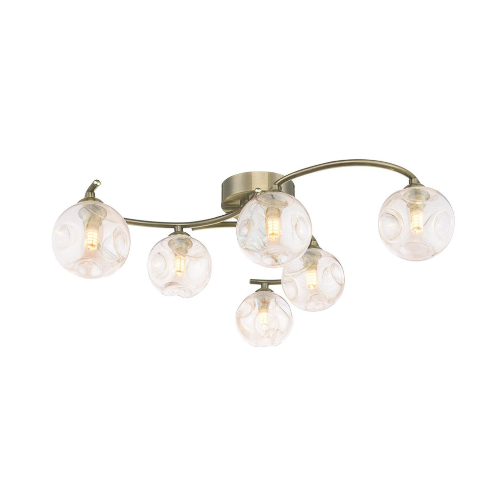 NAK6475-27 Nakita 6 Light Semi Flush Antique Brass With Closed Organic Amber  Glass