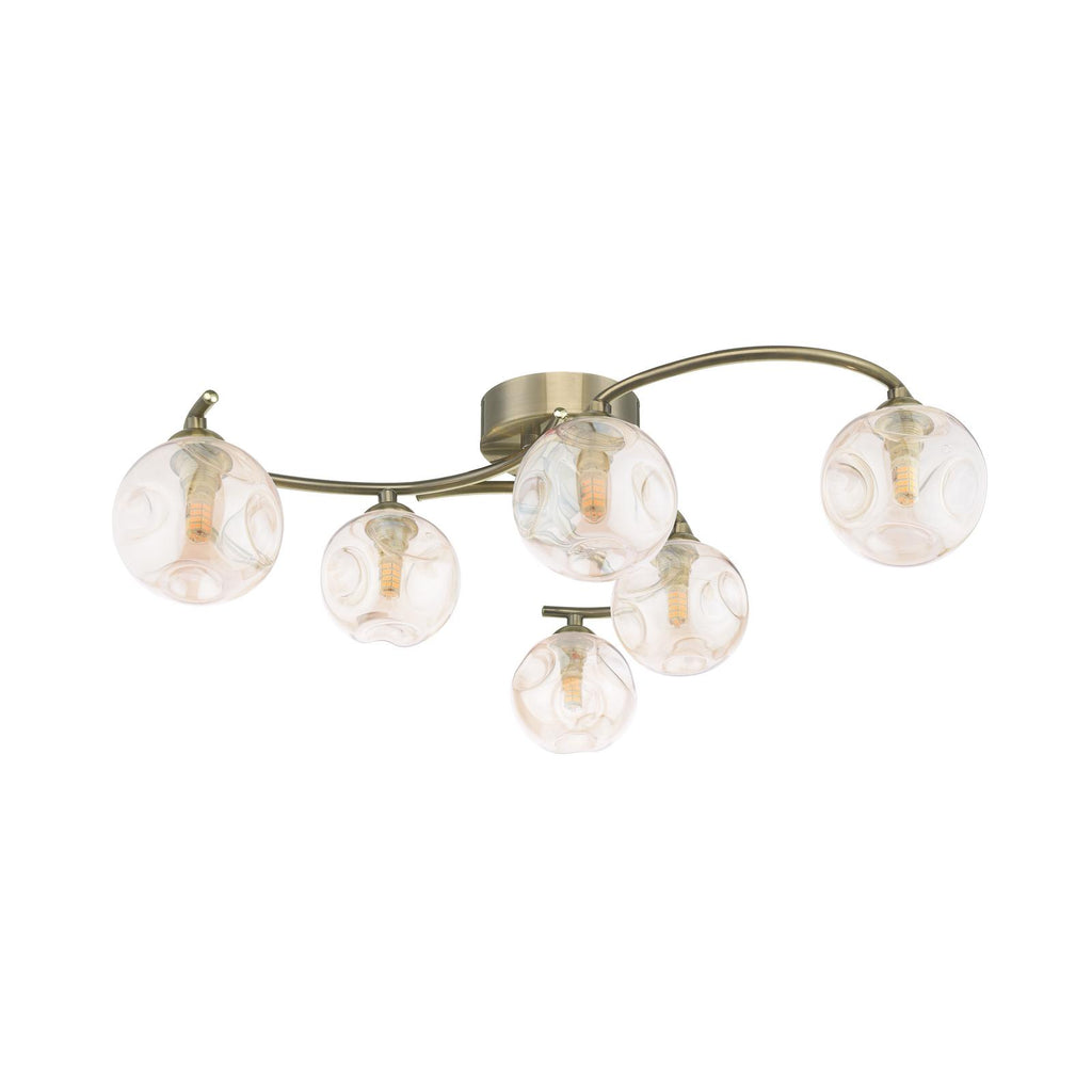 NAK6475-27 Nakita 6 Light Semi Flush Antique Brass With Closed Organic Amber  Glass