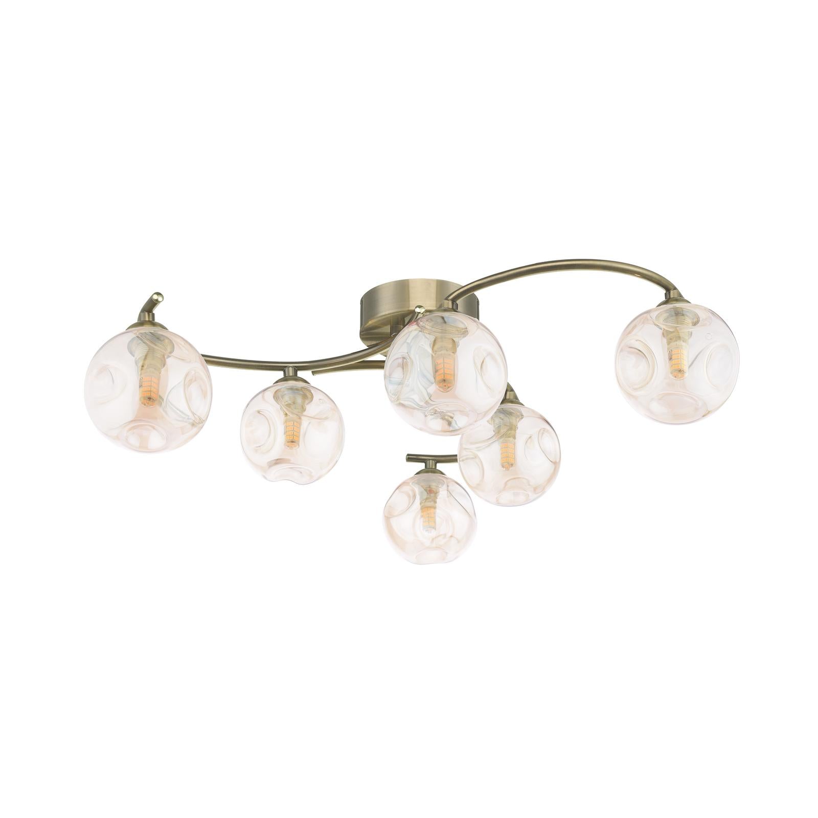 NAK6475-27 Nakita 6 Light Semi Flush Antique Brass With Closed Organic Amber  Glass