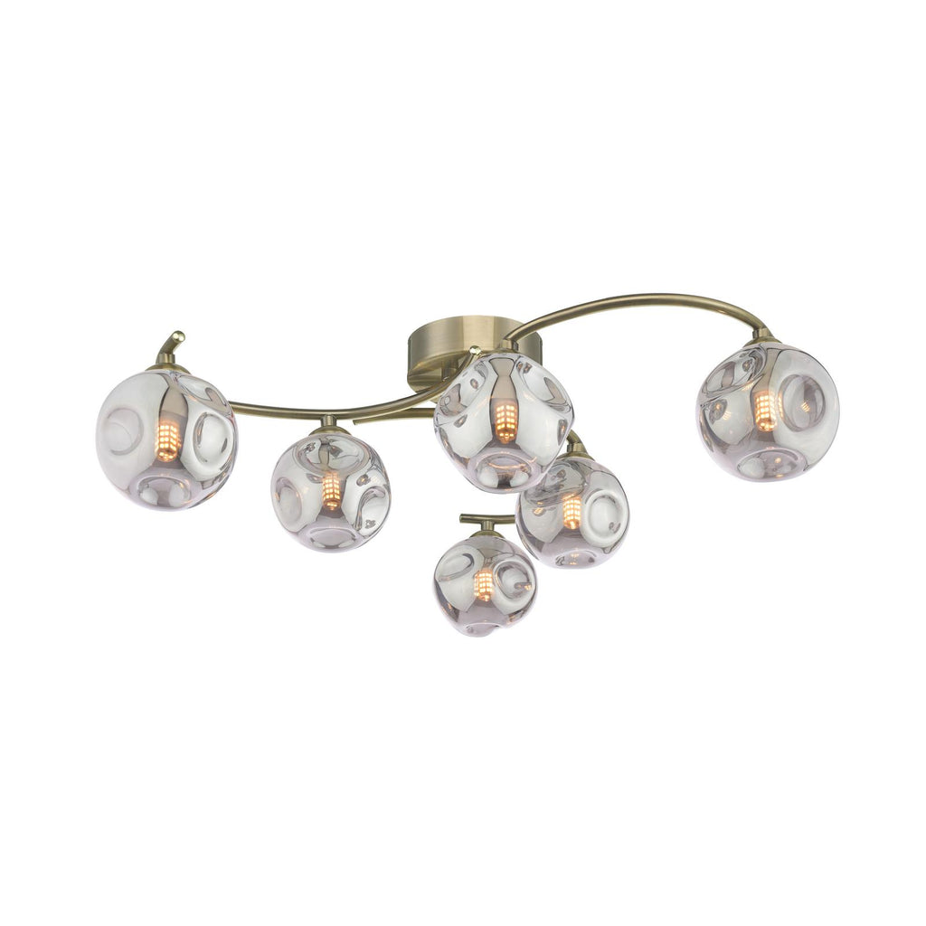 NAK6475-28 Nakita 6 Light Semi Flush Antique Brass With Closed Organic Smoked Glass