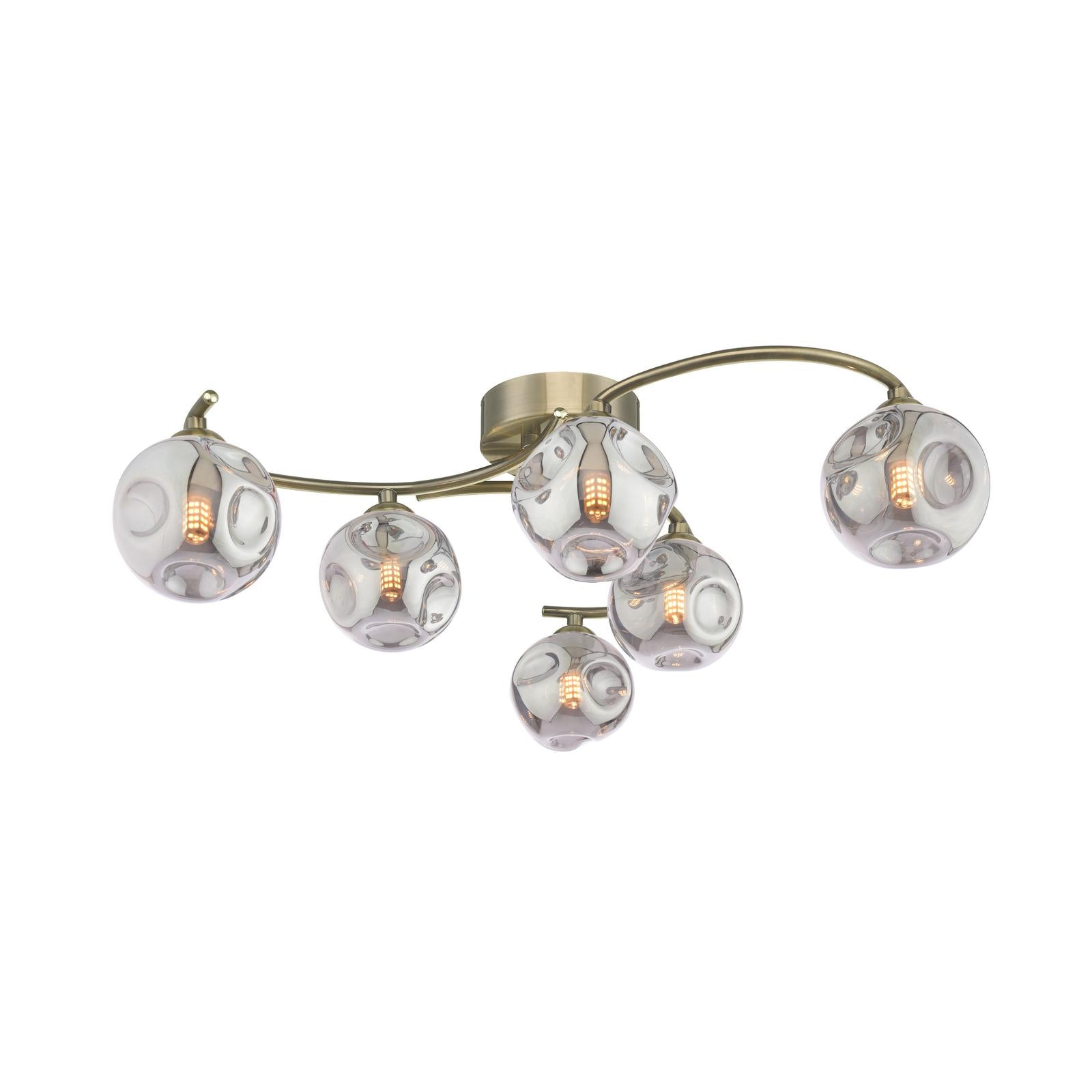 NAK6475-28 Nakita 6 Light Semi Flush Antique Brass With Closed Organic Smoked Glass