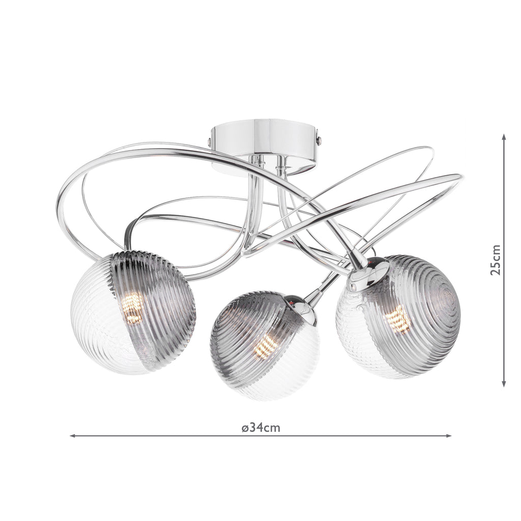 ONA5350-18 Onawa 3 Light Semi Flush Polished Chrome With Smoked/Clear Ribbed Glass