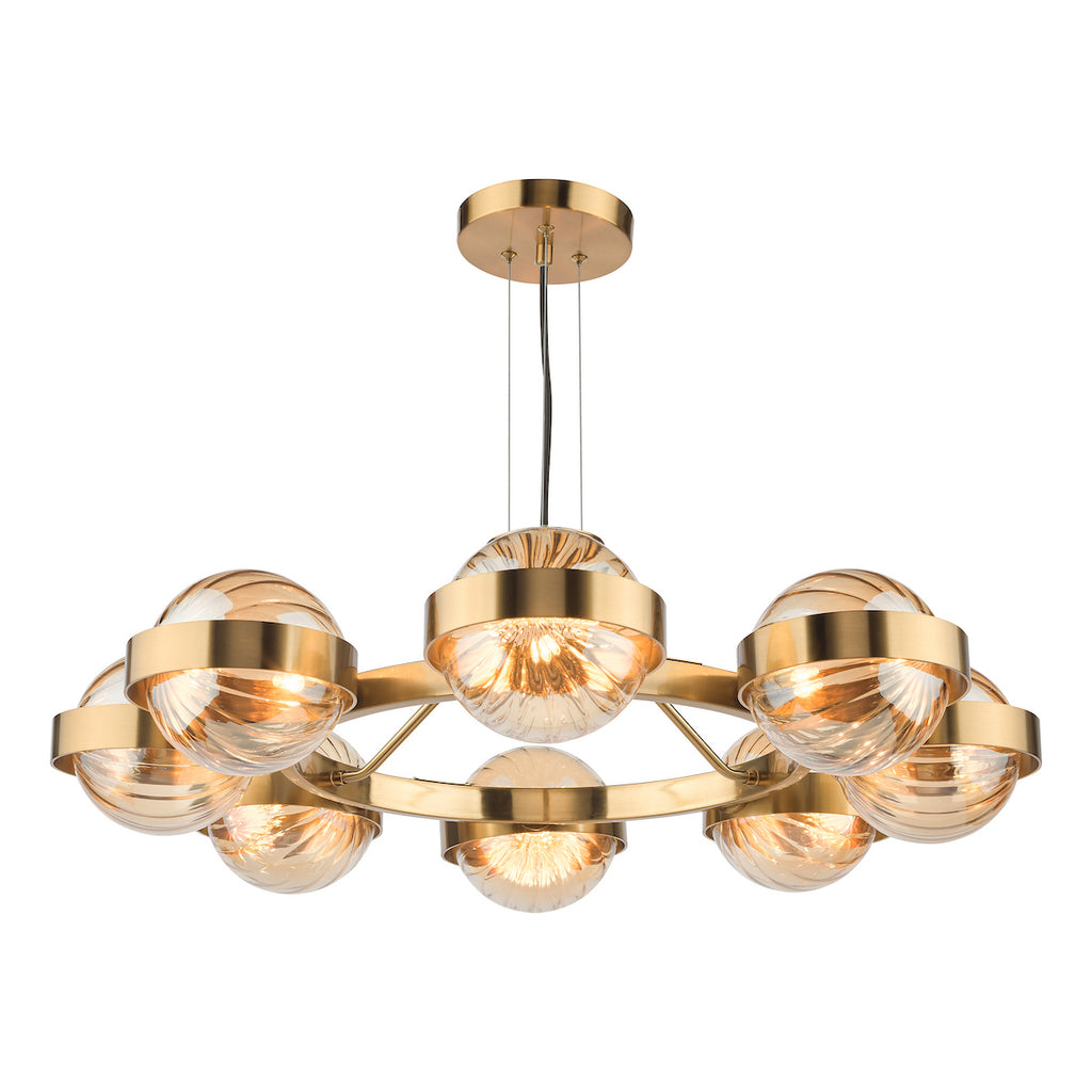 OPH0835 Ophira 8 Light Pendant Antique Gold and Amber Ribbed Glass