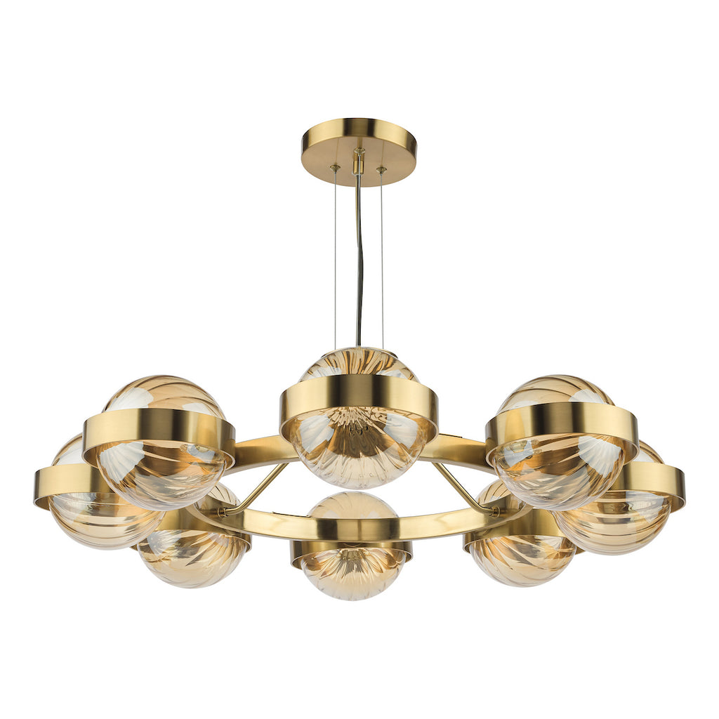 OPH0835 Ophira 8 Light Pendant Antique Gold and Amber Ribbed Glass