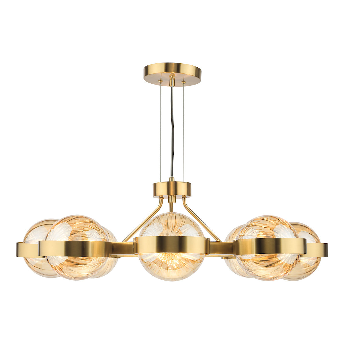 OPH0835 Ophira 8 Light Pendant Antique Gold and Amber Ribbed Glass