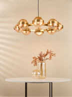 OPH0835 Ophira 8 Light Pendant Antique Gold and Amber Ribbed Glass