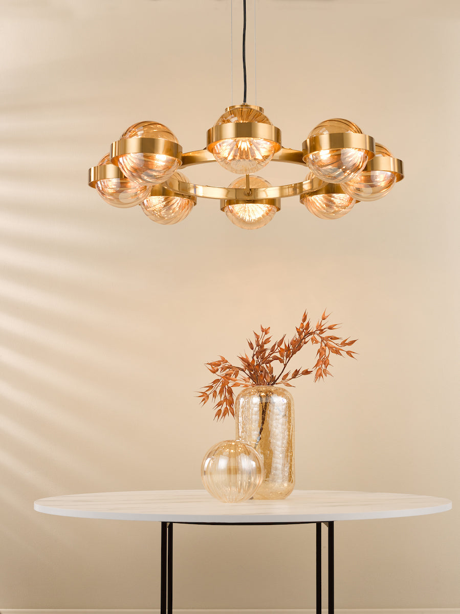 OPH0835 Ophira 8 Light Pendant Antique Gold and Amber Ribbed Glass