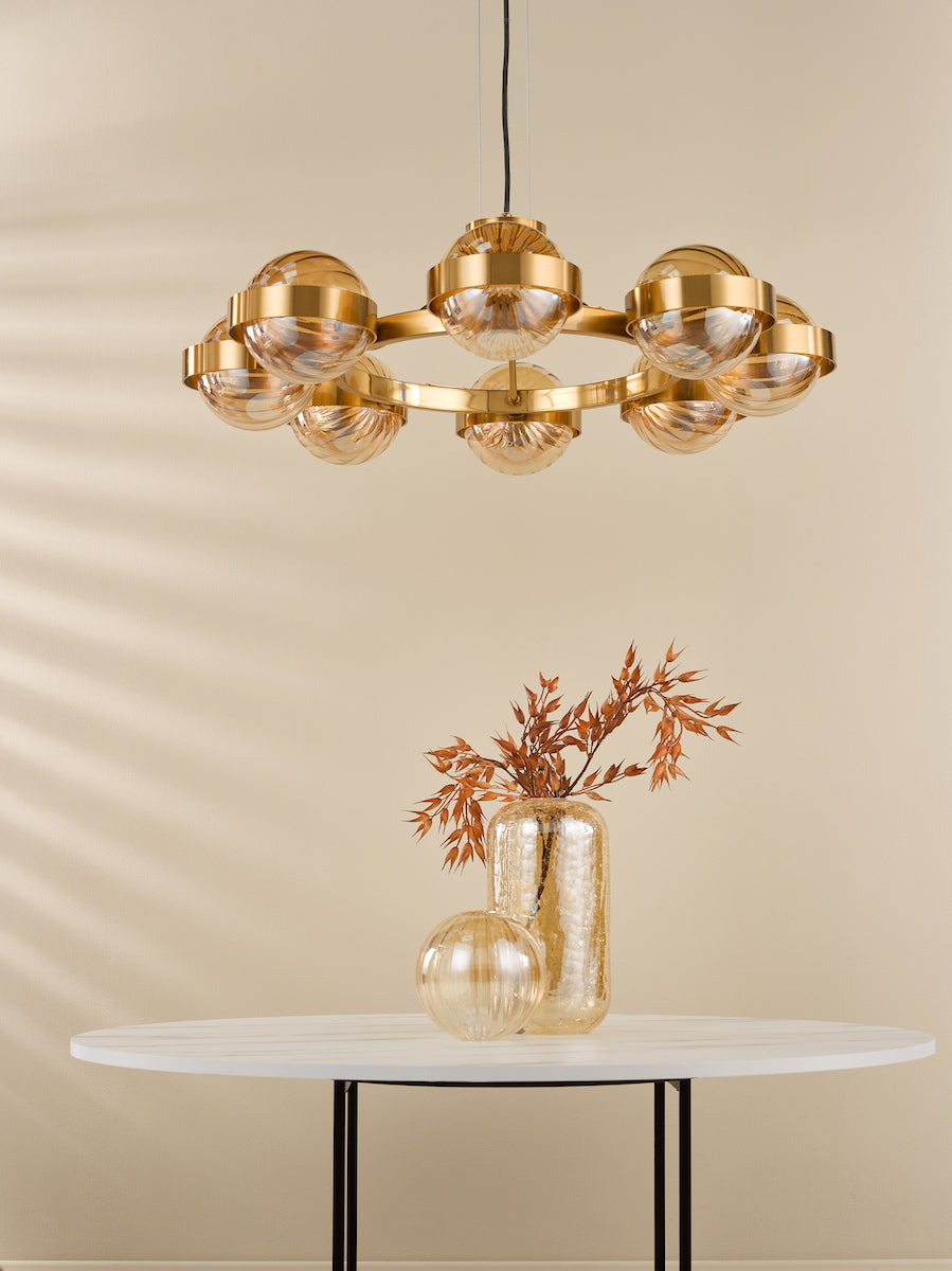OPH0835 Ophira 8 Light Pendant Antique Gold and Amber Ribbed Glass