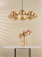 OPH0835 Ophira 8 Light Pendant Antique Gold and Amber Ribbed Glass