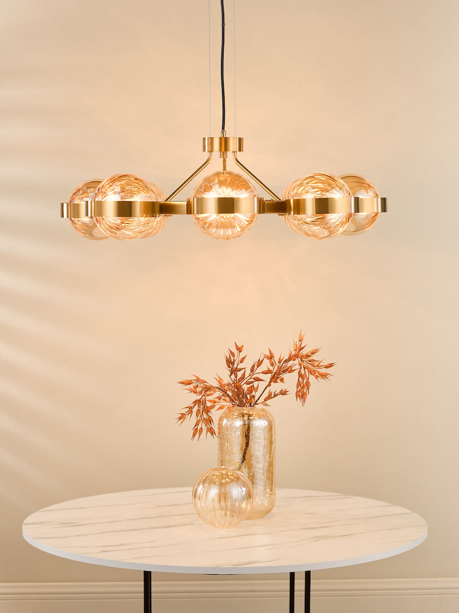 OPH0835 Ophira 8 Light Pendant Antique Gold and Amber Ribbed Glass
