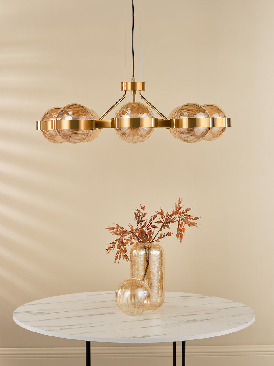 OPH0835 Ophira 8 Light Pendant Antique Gold and Amber Ribbed Glass