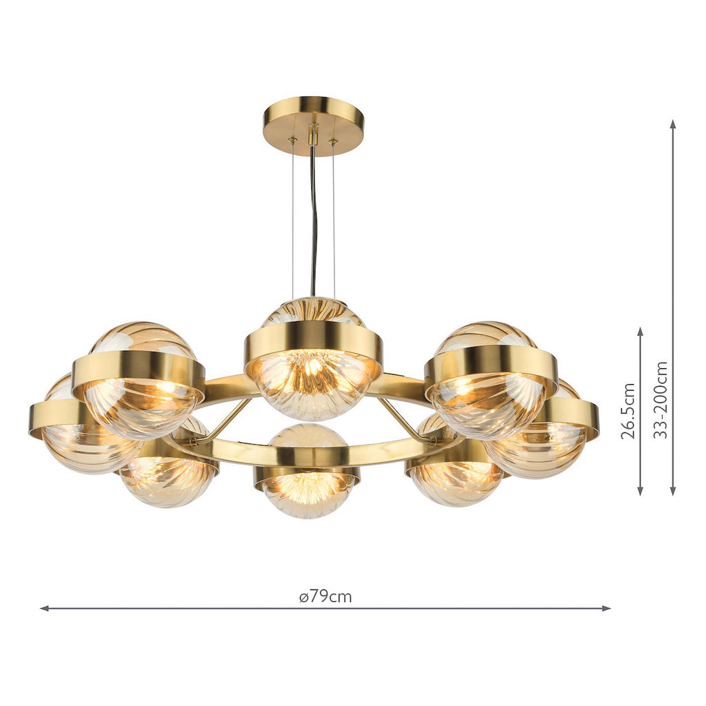 OPH0835 Ophira 8 Light Pendant Antique Gold and Amber Ribbed Glass