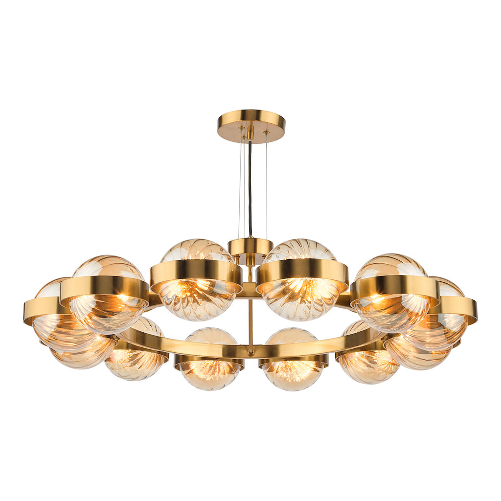 OPH1235 Ophira 12 Light Pendant Antique Gold and Amber Ribbed Glass